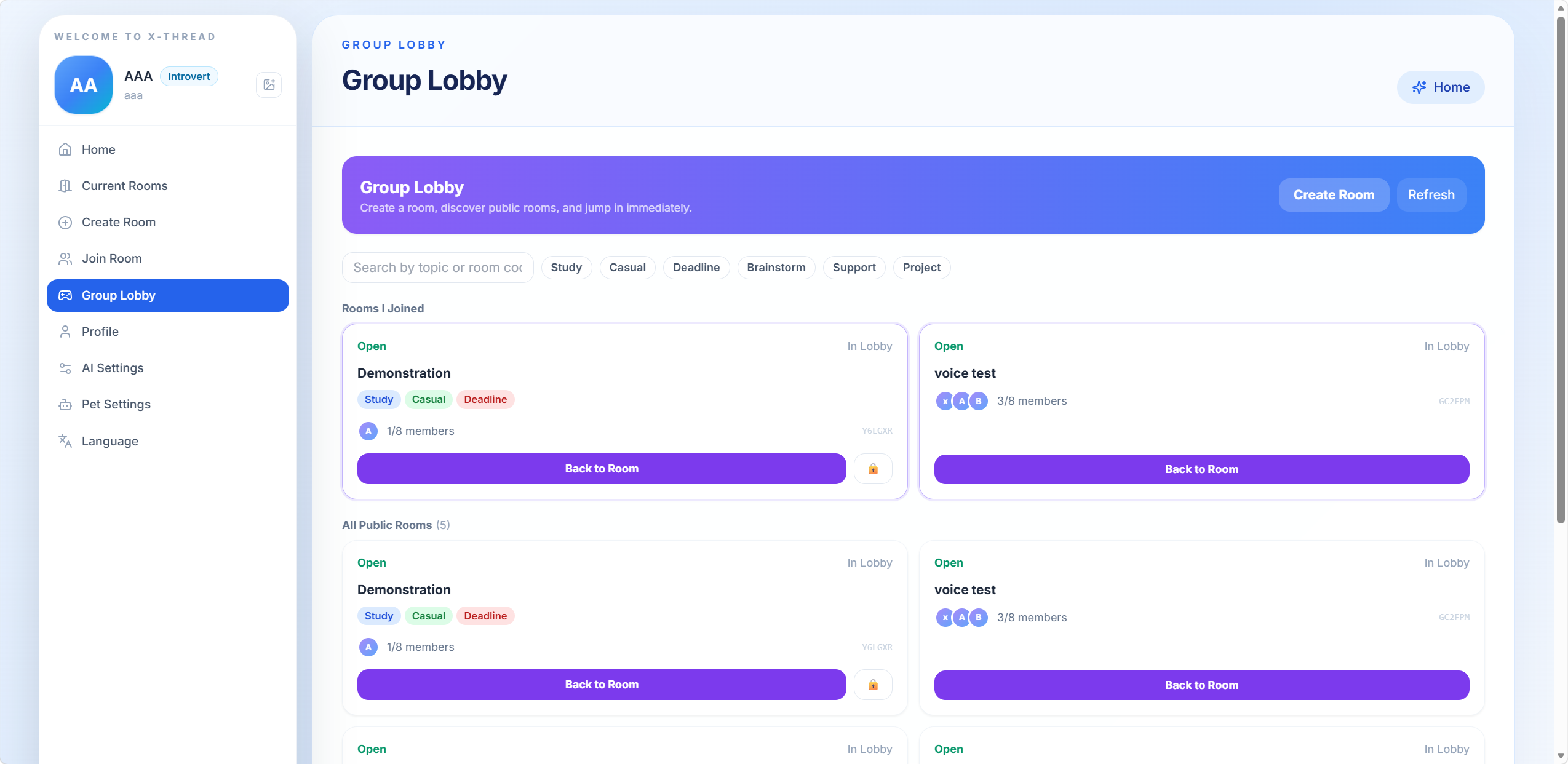 Group Lobby interface showing team matching and icebreaking