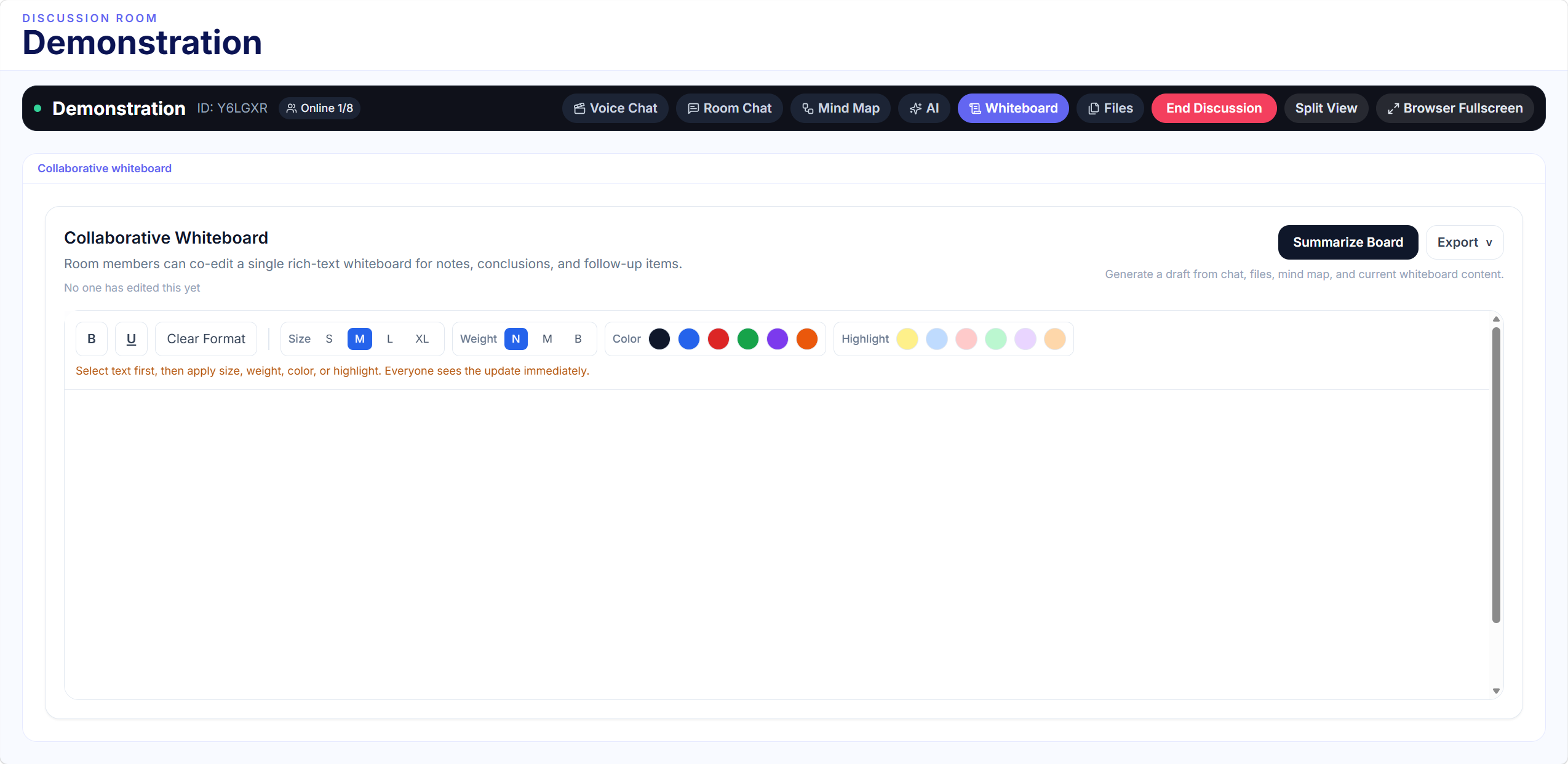 Shared Whiteboard interface showing collaborative brainstorming board